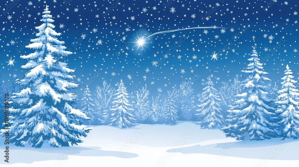 Snowy forest under a deep blue Christmas night sky filled with stars, a shooting star creating a holiday wish moment. Snowy forest under a deep blue Christmas night sky filled with stars, a shooting star creating a holiday wish moment.
