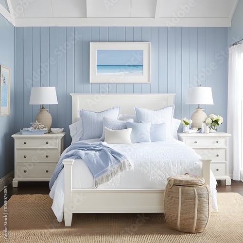 A coastal-inspired bedroom featuring light blue walls, white furniture, and nautical decor. This design evokes a tranquil, seaside atmosphere with a fresh, airy feel. photo