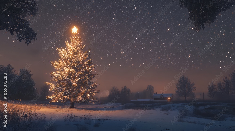 Stars twinkling brightly above a snow-covered Christmas tree, set in a serene, open field under a midnight sky. Stars twinkling brightly above a snow-covered Christmas tree, set in a serene, open field under a midnight sky.