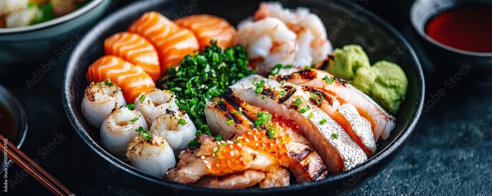 A vibrant bowl of sushi featuring assorted fish, shrimp, wasabi, and garnishes, perfect for seafood lovers and food enthusiasts. A vibrant bowl of sushi featuring assorted fish, shrimp, wasabi, and garnishes, perfect for seafood lovers and food enthusiasts.