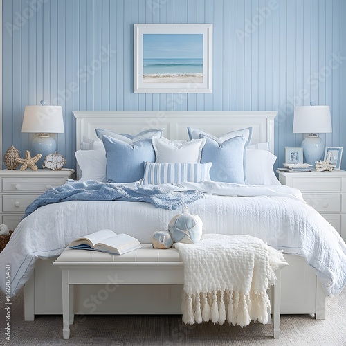 A coastal-inspired bedroom featuring light blue walls, white furniture, and nautical decor. This design evokes a tranquil, seaside atmosphere with a fresh, airy feel. photo