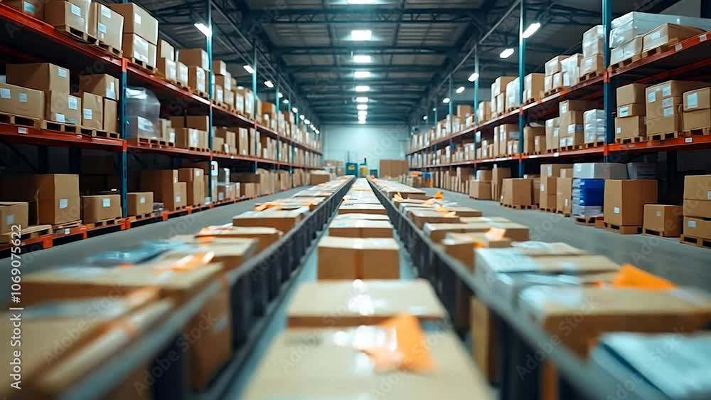 Large Warehouse with Rows of Cardboard Boxes on Shelves and Conveyor Belts Large Warehouse with Rows of Cardboard Boxes on Shelves and Conveyor Belts