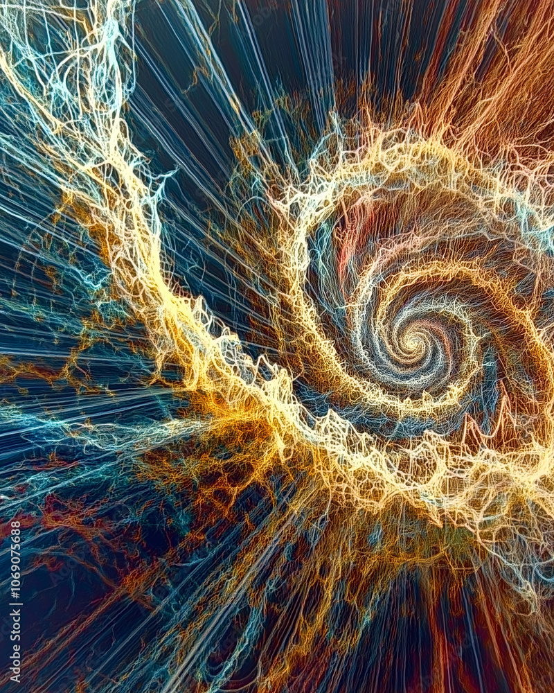 cosmic dance of neon threads swirling into a mesmerizing spiral of blue and gold energy cosmic dance of neon threads swirling into a mesmerizing spiral of blue and gold energy