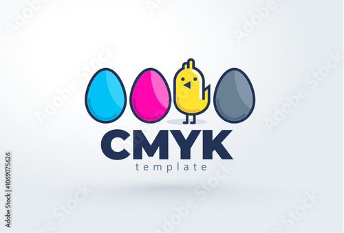 СMYK Print theme logo. Chick and eggs ink. Template design vector. White background.