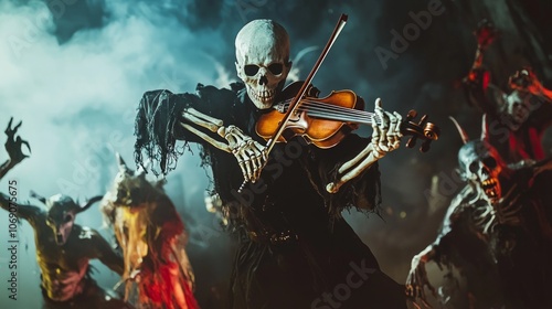 Amidst swirling fog spectral skeleton plays haunting melody violin enchanting array dancing demons and monstrous figures supernatural Halloween gathering. photo