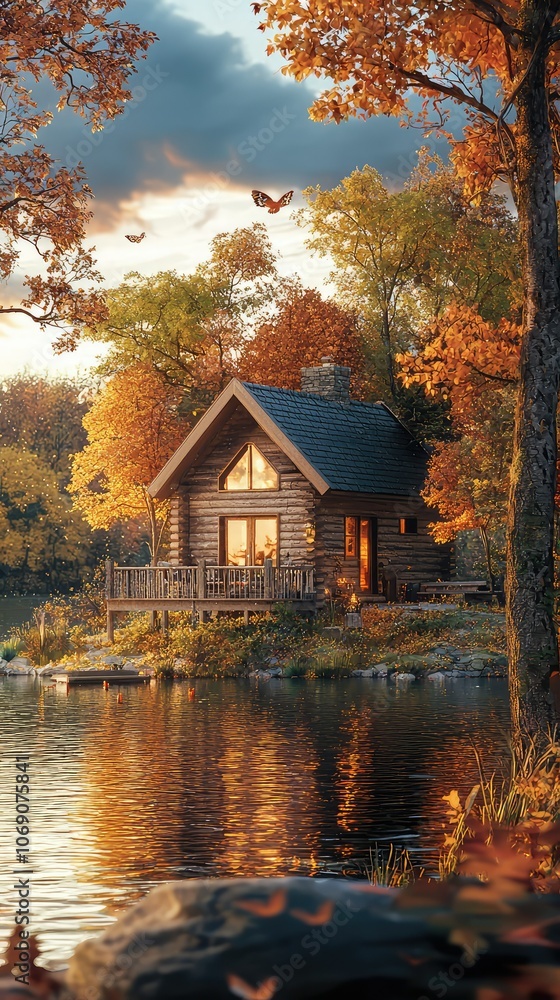 Tranquil Lakeside Cabin in Warm Autumn Light Tranquil Lakeside Cabin in Warm Autumn Light