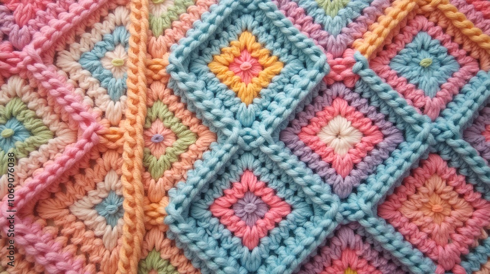 A close-up of a vibrant knitted fabric with diamond shapes in pink, blue, orange, and purple, showcasing a detailed, textured design. A close-up of a vibrant knitted fabric with diamond shapes in pink, blue, orange, and purple, showcasing a detailed, textured design.