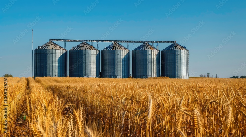 Golden Wheat Field with Silos Under Blue Sky Golden Wheat Field with Silos Under Blue Sky