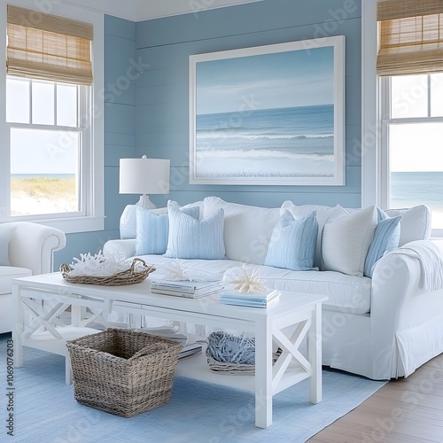 A coastal-inspired living room with light blue walls, white furniture, and nautical decor, evoking a breezy and relaxed atmosphere photo