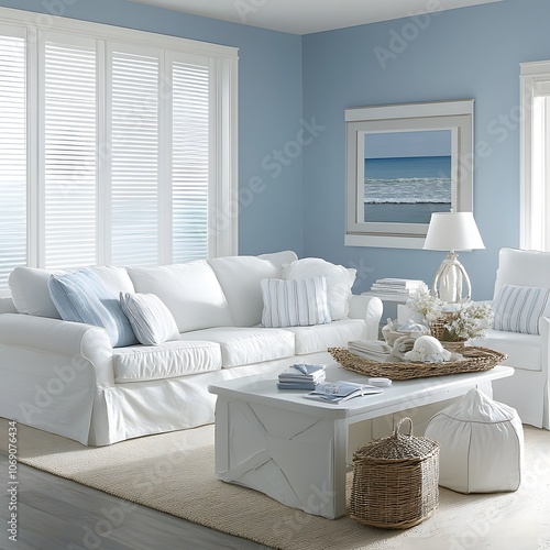 A coastal-inspired living room with light blue walls, white furniture, and nautical decor, evoking a breezy and relaxed atmosphere photo