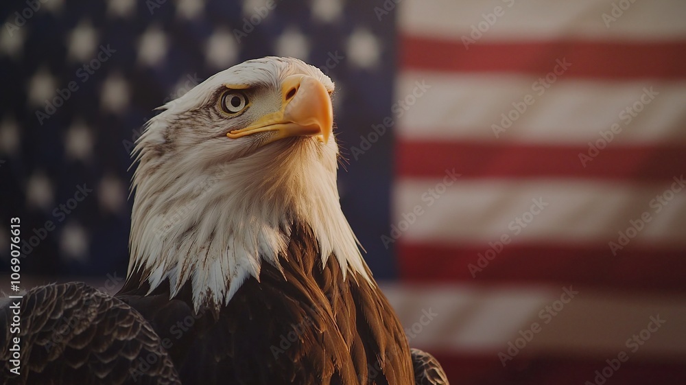 Naklejka premium A bald eagle stands in front of the American flag