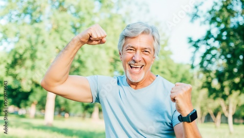 Senior man celebrating fitness achievement outdoors during a sunny day in the park