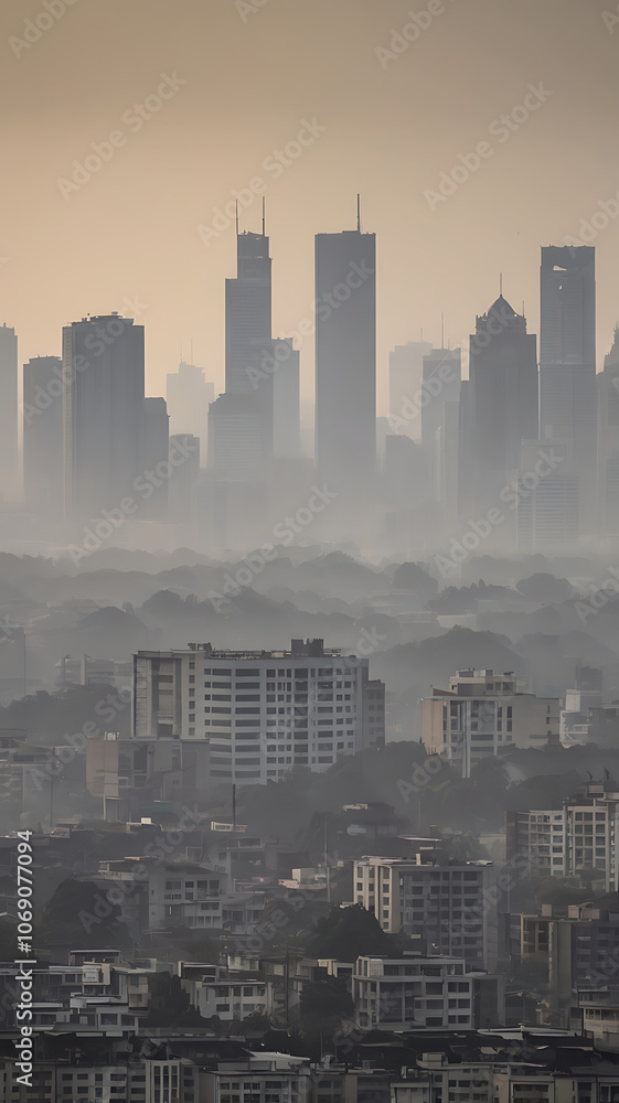 Fototapeta premium A city skyline obscured by thick smog and pollution