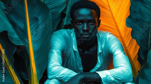 Expressive Portrait of a Man in Nature with Tropical Foliage and Dramatic Lighting Creating a Bold Visual Contrast