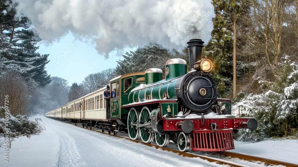 Obraz premium Wintertime Express Charming Vintage Train Journeys Through Snowy Woodlands in Full Steam