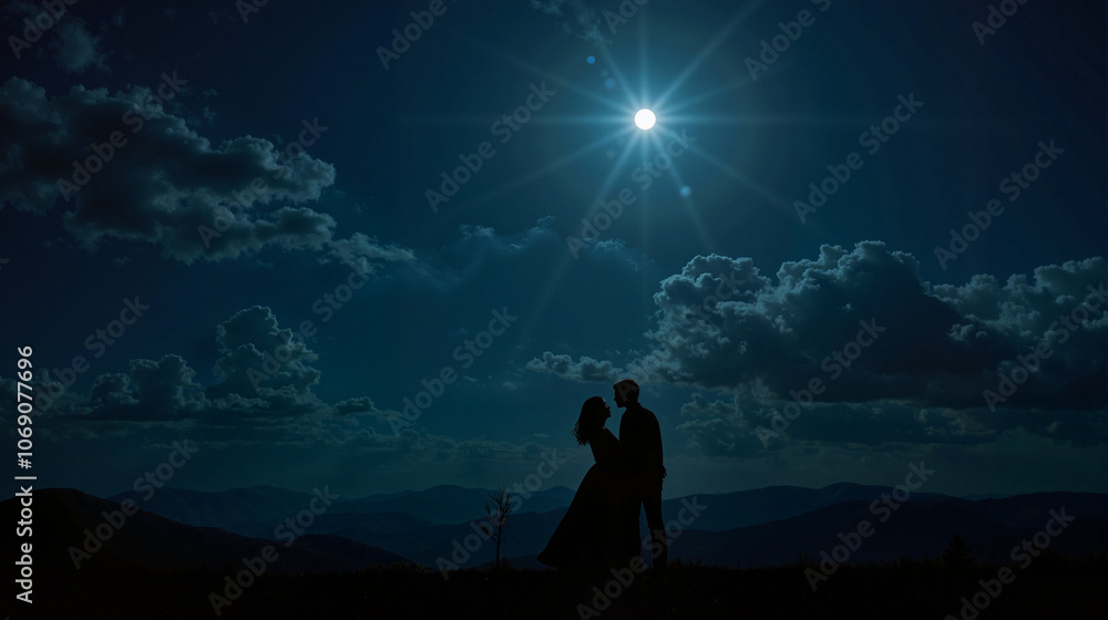 Obraz premium Silhouettes embracing under moonlit sky
