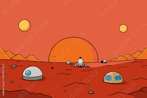 Martian Sunset: A Sci-Fi Scene with Rovers, Rocky Red Landscape, and Dusty Horizons