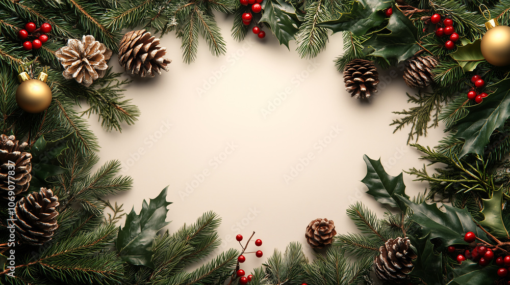 Christmas frame featuring fir branches, winter leaves and delicate decorations arranged around the edges adding festive and elegant touch with clean space for copy text in the center. Christmas frame featuring fir branches, winter leaves and delicate decorations arranged around the edges adding festive and elegant touch with clean space for copy text in the center.