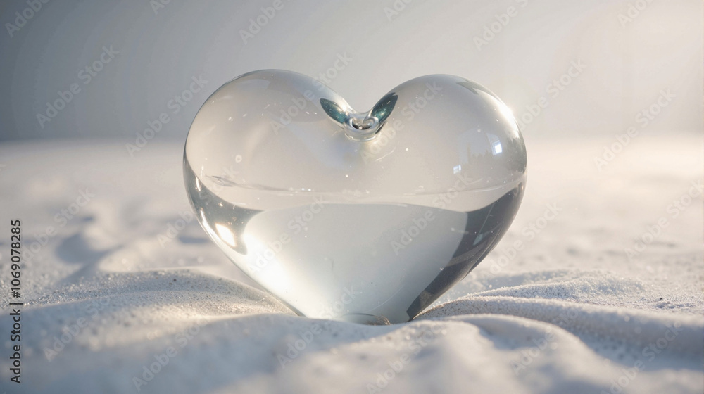 Fototapeta premium Transparent glass heart on snowy surface