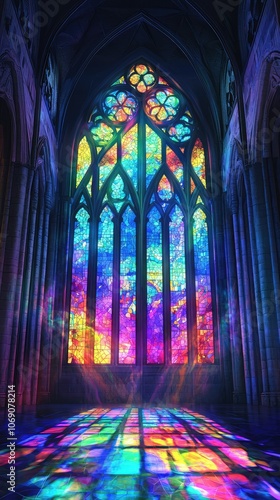 Vibrant Stained Glass Window Illuminating Grand Space