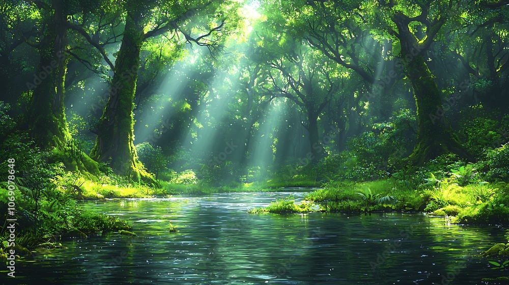 Obraz premium Sunbeams illuminate a tranquil forest stream, creating a serene and magical atmosphere.