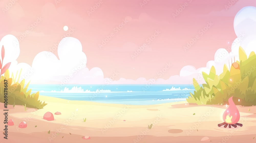 A serene beach scene at sunset, featuring gentle waves, soft clouds, and a figure by a small fire, surrounded by lush greenery and a tranquil atmosphere. A serene beach scene at sunset, featuring gentle waves, soft clouds, and a figure by a small fire, surrounded by lush greenery and a tranquil atmosphere.