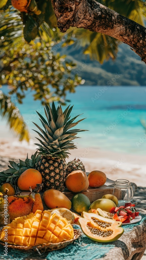 Tropical Fruit Display on Scenic Beach Background Tropical Fruit Display on Scenic Beach Background