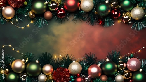 This elegant 3D Tinsel and Ornament Christmas background brings a luxurious holiday feel with a rich green and red gradient that adds depth and warmth. 