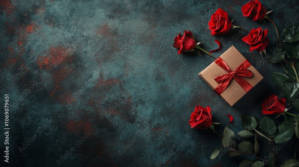 Valentine's gift next to red flowers and copy space Valentine's gift next to red flowers and copy space