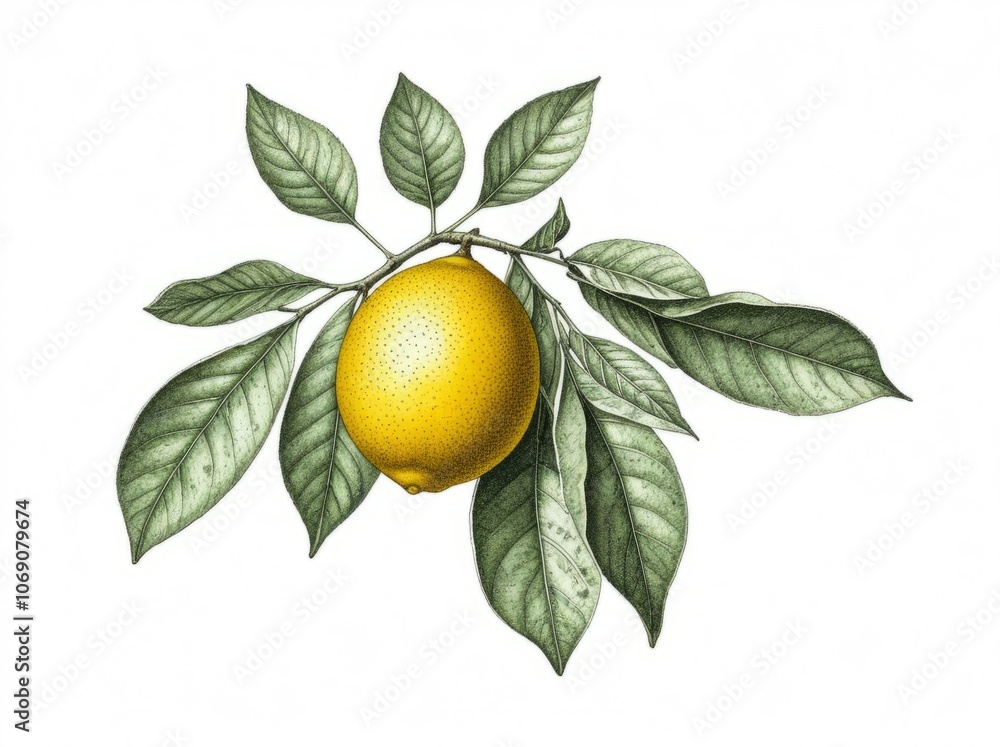 A detailed illustration of a lemon hanging on a branch with green leaves, showcasing botanical beauty and natural elements A detailed illustration of a lemon hanging on a branch with green leaves, showcasing botanical beauty and natural elements