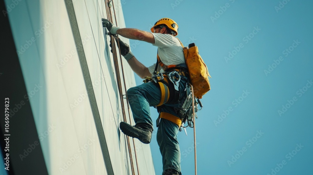 dedicated high rise fitter climbs side tall building expertly using his tools and safety gear while navigating challenging heights precision and focus. dedicated high rise fitter climbs side tall building expertly using his tools and safety gear while navigating challenging heights precision and focus.