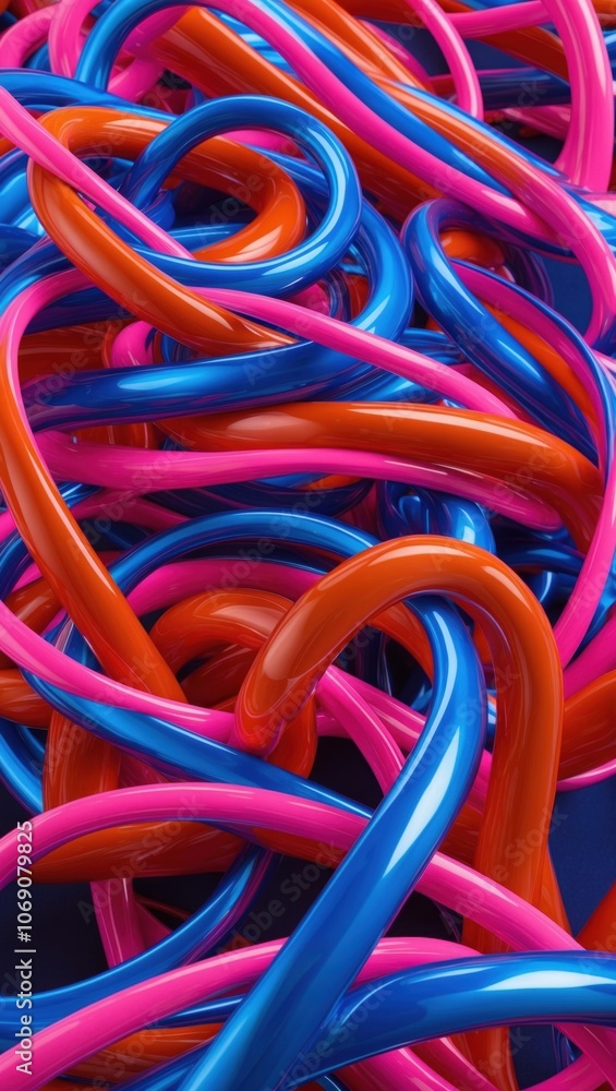A vibrant tangle of glossy blue, pink, and orange tubes intertwined, creating a dynamic and energetic abstract scene. A vibrant tangle of glossy blue, pink, and orange tubes intertwined, creating a dynamic and energetic abstract scene.
