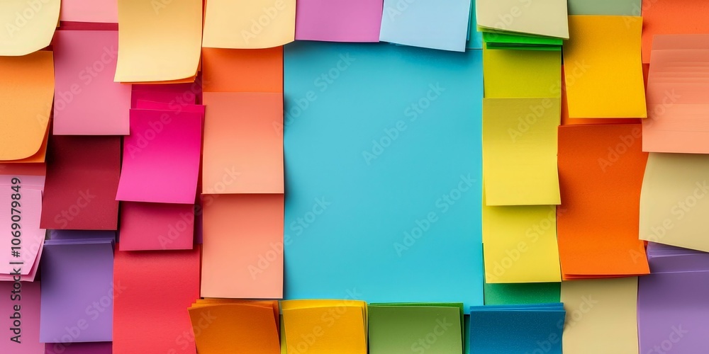 A vibrant arrangement of colorful sticky notes framing a central blue note, ideal for reminders or creative brainstorming. A vibrant arrangement of colorful sticky notes framing a central blue note, ideal for reminders or creative brainstorming.