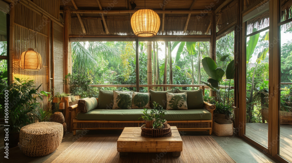 Eco friendly living room with bamboo decor, green couch, and plants Eco friendly living room with bamboo decor, green couch, and plants
