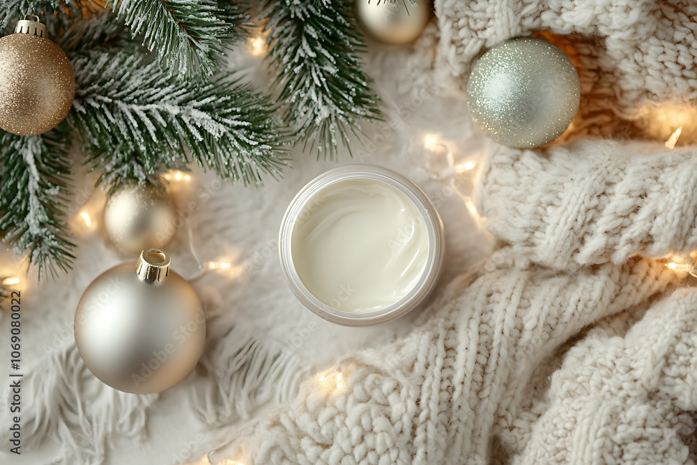 A cream product layout displayed on a festive New Year's background, surrounded by holiday decorations such as ornaments, pine branches, and twinkling lights A cream product layout displayed on a festive New Year's background, surrounded by holiday decorations such as ornaments, pine branches, and twinkling lights