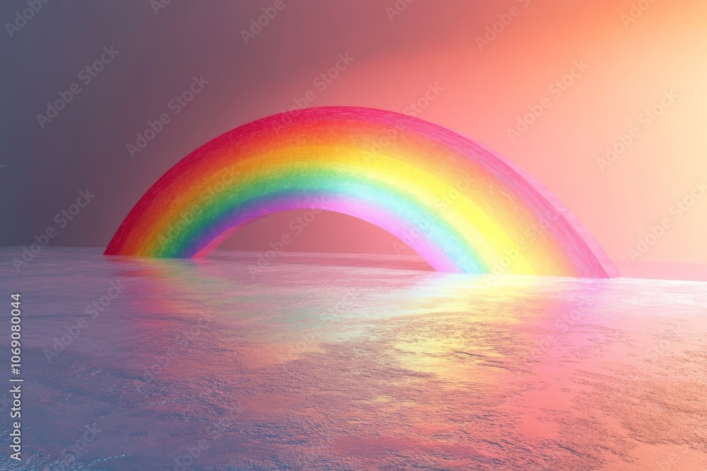 Rainbow over water with pink and orange sunset colors Rainbow over water with pink and orange sunset colors