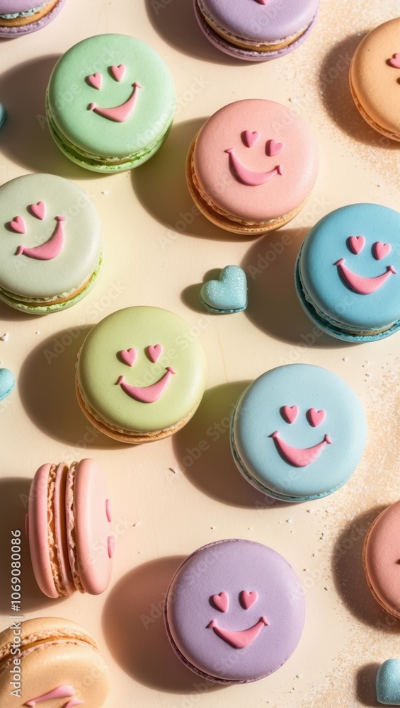 A joyful arrangement of colorful macarons featuring happy face designs, casting a cheerful vibe perfect for any celebration. A joyful arrangement of colorful macarons featuring happy face designs, casting a cheerful vibe perfect for any celebration.