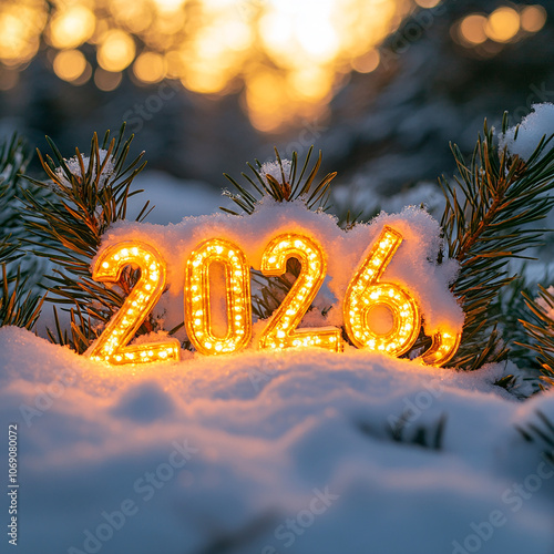 2026 New year concept lighting text on snowy background with snowy trees on background generated.AI