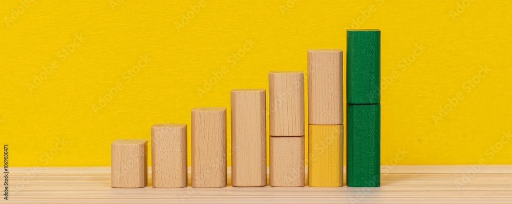 A vibrant arrangement of wooden blocks stacked in ascending order on a yellow background, symbolizing growth and progress. A vibrant arrangement of wooden blocks stacked in ascending order on a yellow background, symbolizing growth and progress.