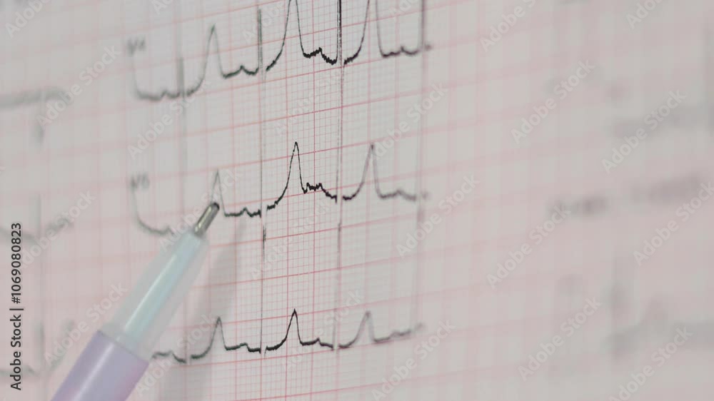 Doctor examining electrocardiogram. ECG show heart wave, cardiogram report. Learning Cardiovascular disease (CVD). Close up, soft focused. Doctor examining electrocardiogram. ECG show heart wave, cardiogram report. Learning Cardiovascular disease (CVD). Close up, soft focused.