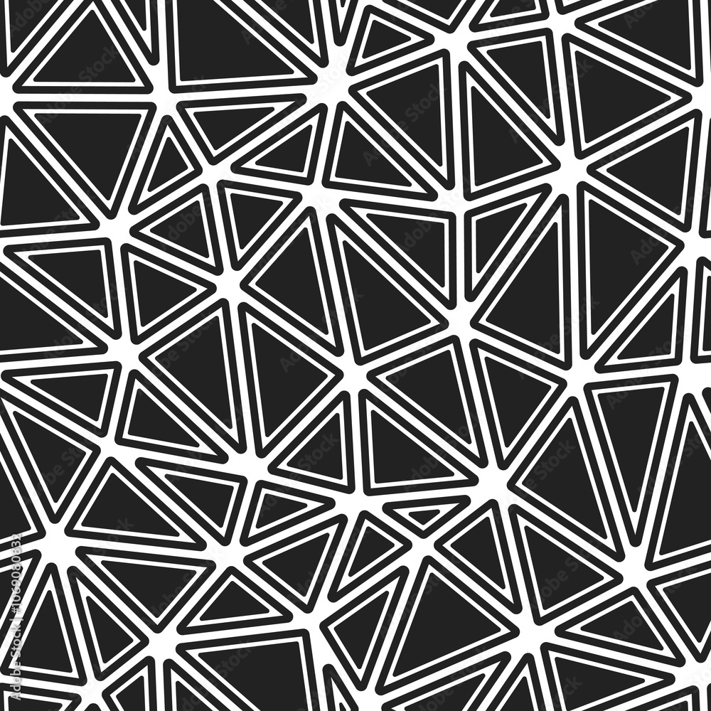 Triangles pattern with rounded solid shapes in frames. Large triangles in a black and white style. Repeatable seamless vector illustration. Triangles pattern with rounded solid shapes in frames. Large triangles in a black and white style. Repeatable seamless vector illustration.