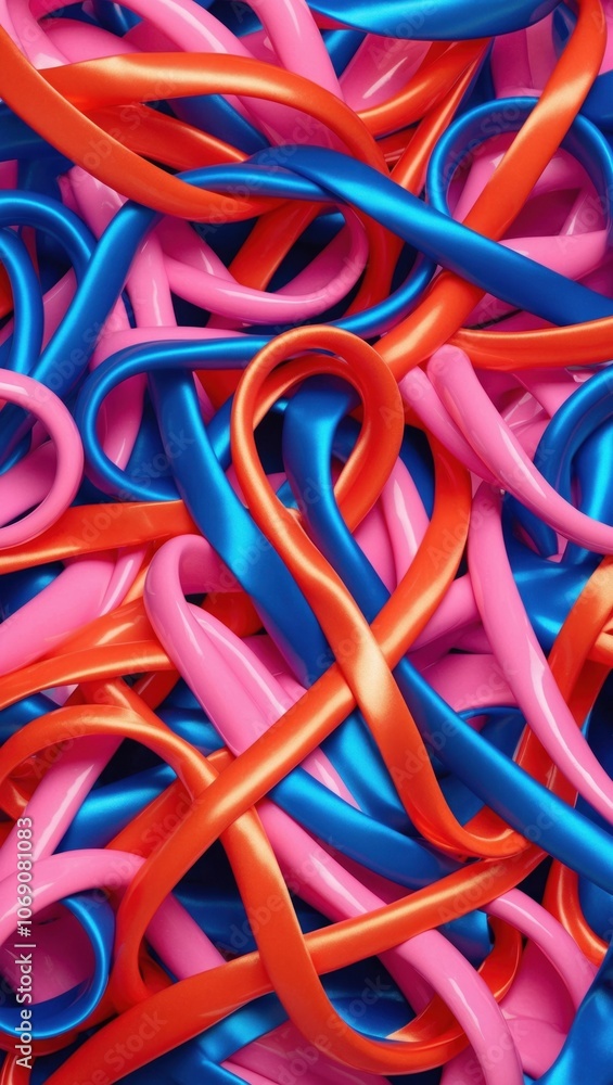 A vibrant arrangement of twisted ribbons in pink, blue, and orange, creating a dynamic and colorful abstract background that evokes a playful and energetic mood. A vibrant arrangement of twisted ribbons in pink, blue, and orange, creating a dynamic and colorful abstract background that evokes a playful and energetic mood.