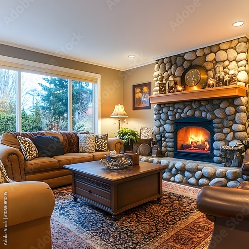 A cozy living room featuring a stone fireplace, comfortable furniture, and warm lighting photo