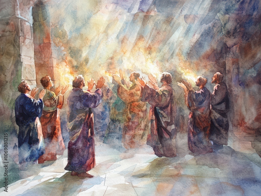 Apostles in the Upper Room receiving the Holy Spirit, gentle watercolor strokes capturing light rays and ethereal flames above each figure Apostles in the Upper Room receiving the Holy Spirit, gentle watercolor strokes capturing light rays and ethereal flames above each figure