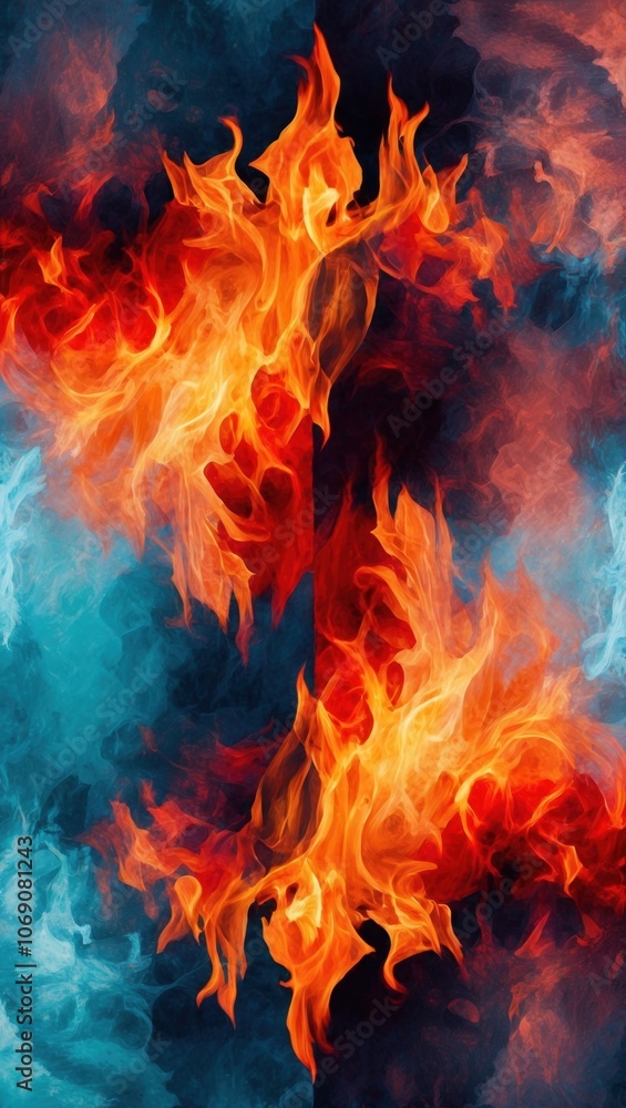 A vibrant abstract image featuring swirling flames in shades of orange and red against a contrasting blue background, creating a dynamic and energetic visual experience. A vibrant abstract image featuring swirling flames in shades of orange and red against a contrasting blue background, creating a dynamic and energetic visual experience.