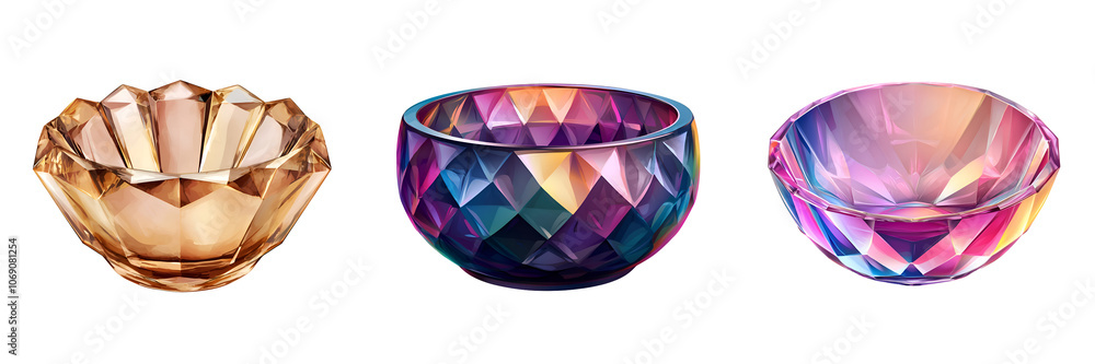 Three exquisite crystal bowls in varying shapes and colors, reflecting light beautifully against a black background. Three exquisite crystal bowls in varying shapes and colors, reflecting light beautifully against a black background.