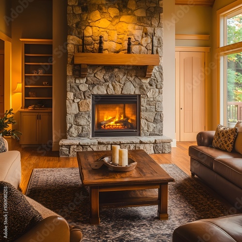 A cozy living room featuring a stone fireplace, comfortable furniture, and warm lighting photo