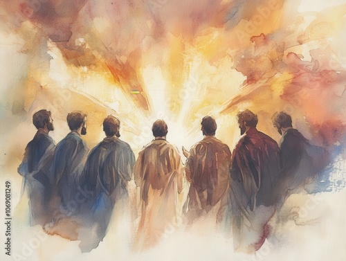 Apostles in the Upper Room receiving the Holy Spirit, gentle watercolor strokes capturing light rays and ethereal flames above each figure