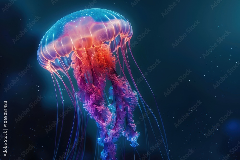 A vibrant jellyfish gracefully floats in deep blue waters, showcasing its bioluminescent tentacles during a tranquil underwater moment A vibrant jellyfish gracefully floats in deep blue waters, showcasing its bioluminescent tentacles during a tranquil underwater moment