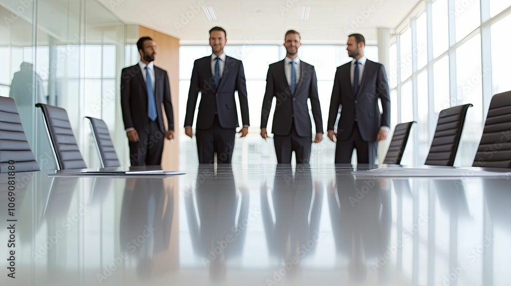 1. Four professionals in suits walk confidently towards a conference table in a modern office setting, showcasing teamwork and professionalism. 1. Four professionals in suits walk confidently towards a conference table in a modern office setting, showcasing teamwork and professionalism.